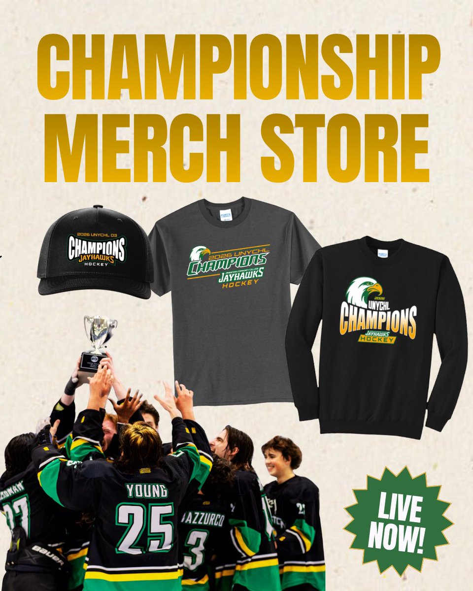 Championship gear is here! 🔥 Rep our UNYCHL championship with new designs, available only until April 5th! 

ALL proceeds go directly to benefiting JCC Hockey. Visit the online store below! 👇 

stores.threesixtygraphics.com/jcc_hockey_cha…