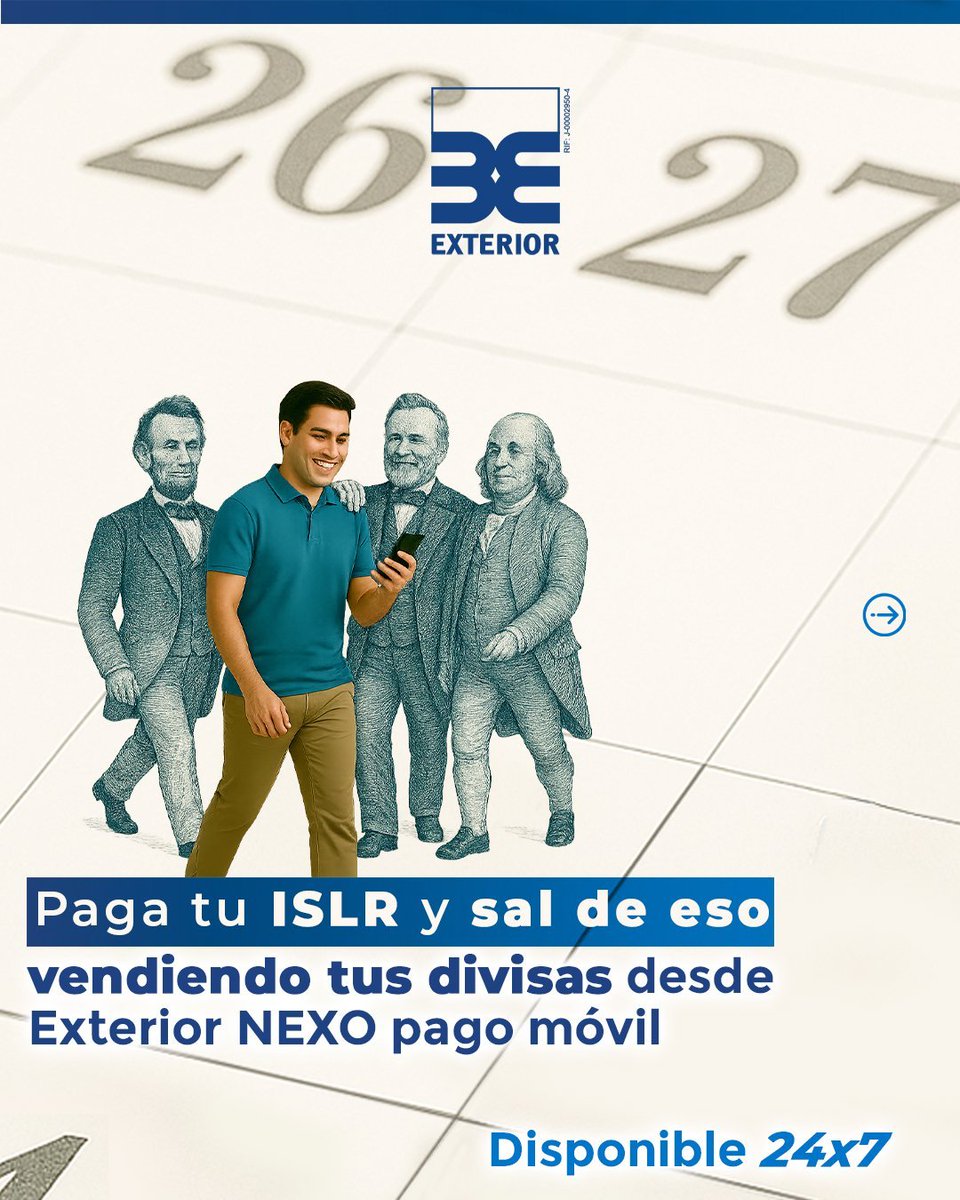 bancaynegocios's tweet photo. ¡Sal de eso hoy! Con la app Exterior NEXO pago móvil de #BancoExterior puedes cambiar tus divisas a bolívares y con esos fondos pagar tu ISLR fácilmente a través de Exterior NEXO en línea, de forma rápida y segura.
https://t.co/T3pb8vuKJM
#ISLR #SalDeEso #Seniat #Venezuela https://t.co/dxasALIO3S