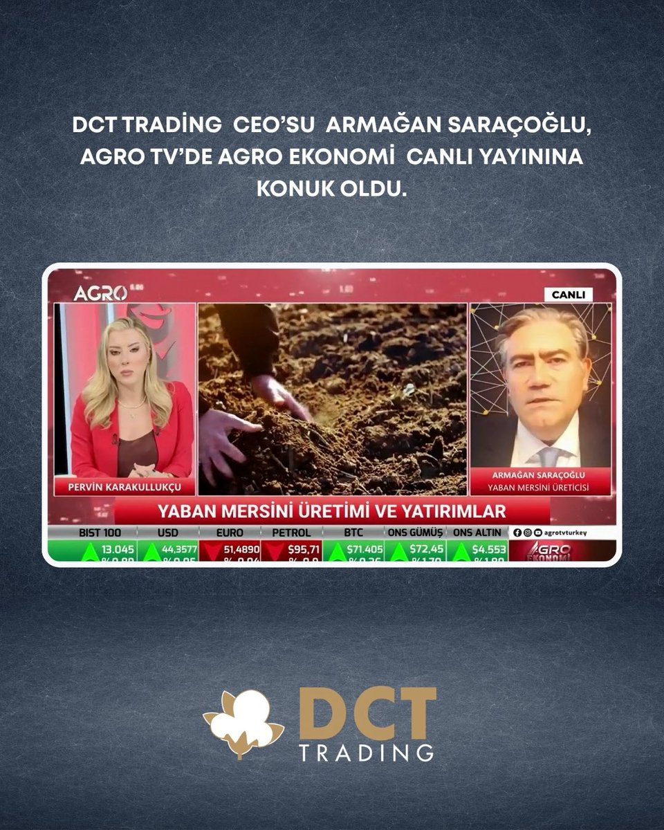 dcttrading_tr's tweet photo. DCT Trading CEO'su Armağan Saraçoğlu, Agro Tv’de Agro Ekonomi programına konuk oldu.
Programın tamamını izlemek için; https://t.co/2cqee364Hh
#dcttrading https://t.co/78m6v4S5dS
