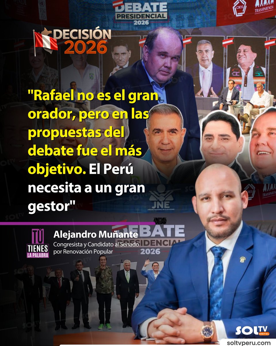 soltvcanal's tweet photo. 🟣 #TúTienesLaPalabra #Nacional I GESTIÓN ANTES QUE PALABRAS 🔥

Alejandro Muñante resalta que Rafael López Aliaga mostró objetividad en el debate y subraya la importancia de apostar por experiencia y resultados para el Perú. 👔🇵🇪

💡 Defendió las propuestas de reducción de ministerios hasta cuestionamientos a acuerdos internacionales. También se pronunció sobre la elección de Tomás Gálvez como fiscal de la nación.

Entrevista completa aquí 👇🏼
https://t.co/zPRhDKnfXX

📺🇵🇪 ¡SOL TV EN TODO EL PERÚ!
Disfrútanos en:
📡 Claro TV – Canal 26 l Movistar TV – Canal 553 l DGO – DIRECTV l Win TV – Canal 12
Best Cable – Canal 17 l TV 360 Bitel
Porque estés donde estés ¡siempre estamos contigo!