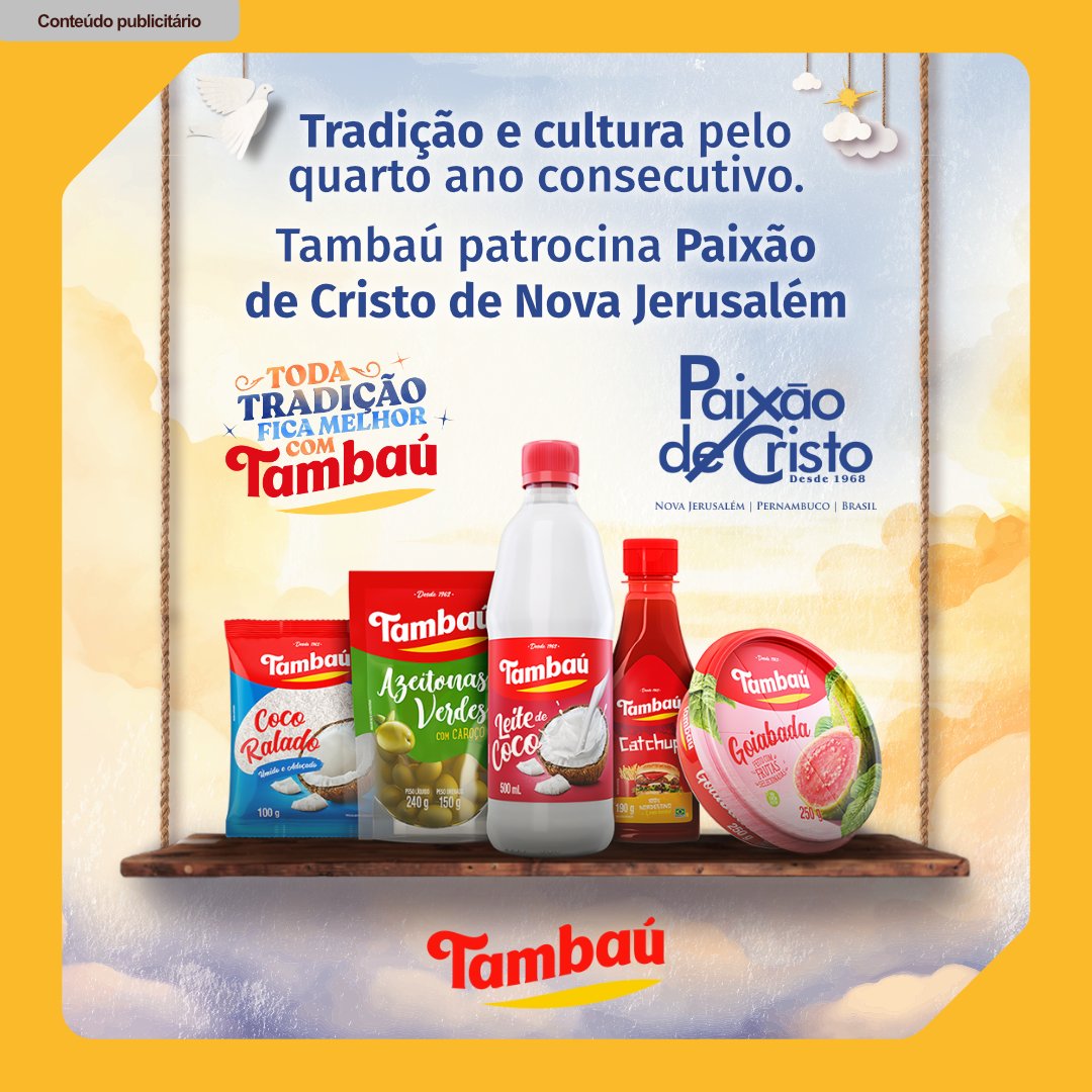 g1's tweet image. #Publicidade Pelo 4º ano consecutivo, a Tambaú apoia a Paixão de Cristo de Nova Jerusalém. Uma celebração de fé, cultura e tradição nordestina. Saiba mais em g1: glo.bo/3NJta8o #Tambaú #TambaúAlimentos