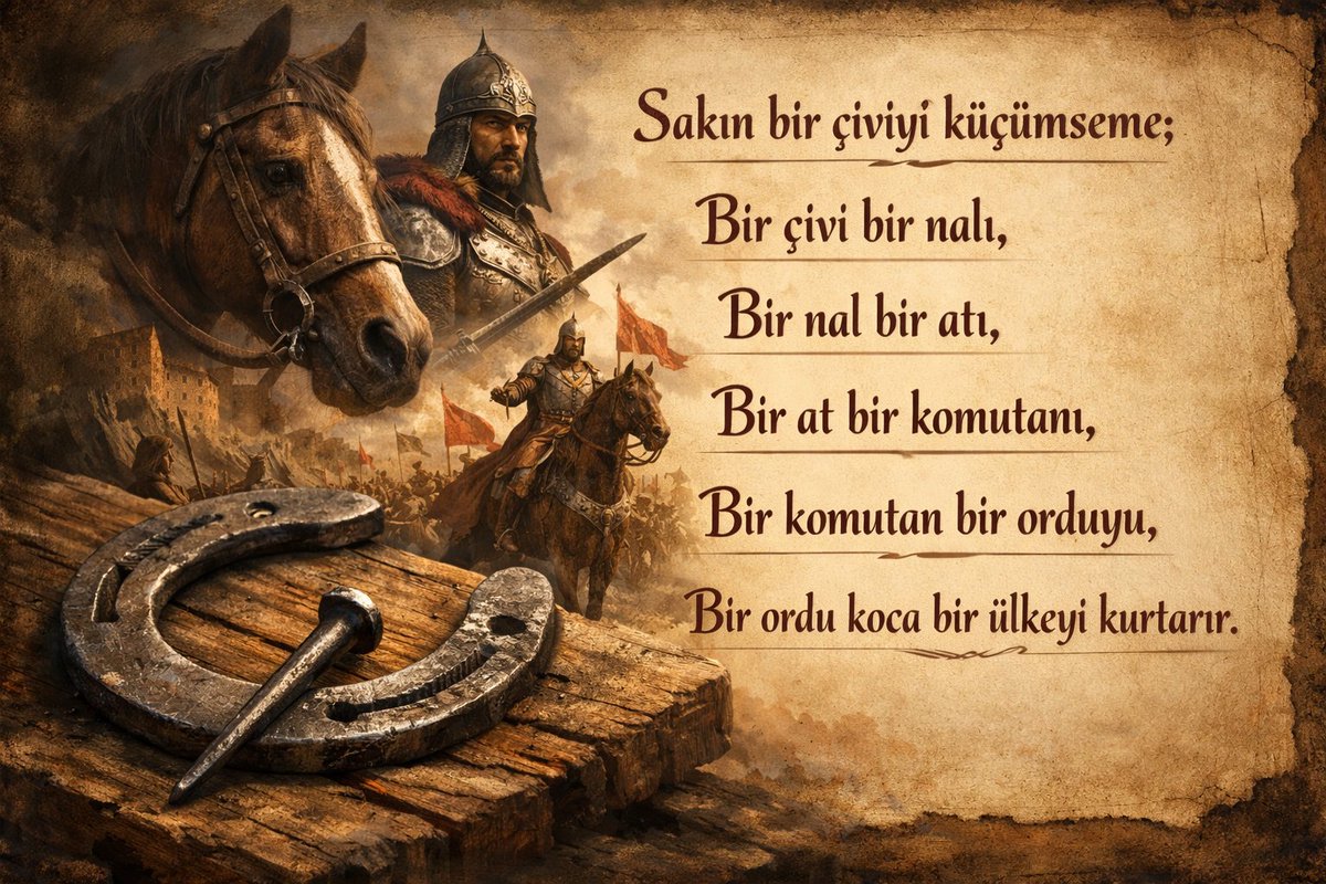 Sakın bir çiviyi küçümseme !
Bir çivi bir nalı,
Bir nal bir atı,
Bir at bir komutanı,
Bir komutan bir orduyu,
Bir ordu koca bir ülkeyi kurtarır..