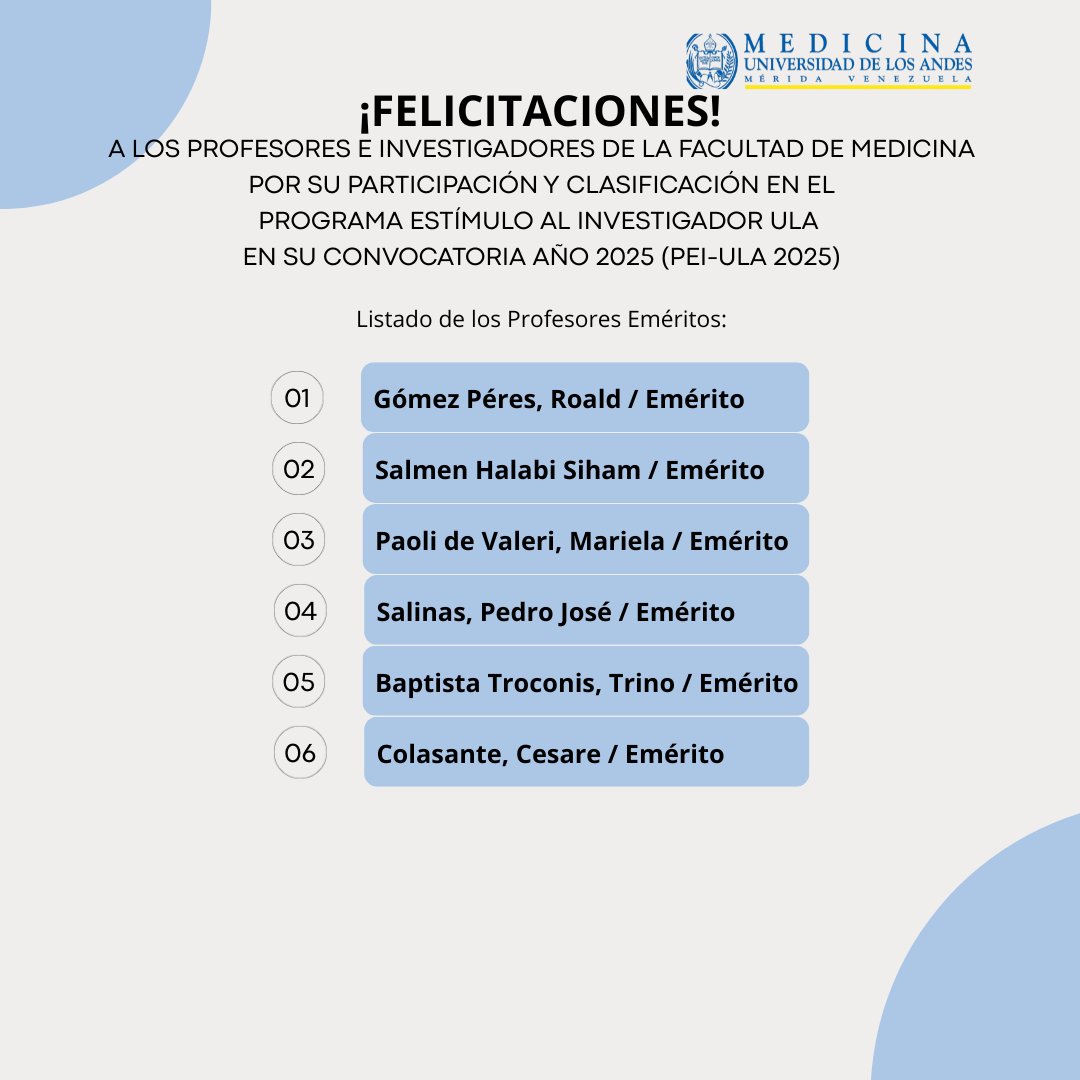 El Decano de la Facultad de Medicina de la Universidad de Los Andes, se complace en felicitar públicamente a los profesores e investigadores de nuestra facultad por los excelentes resultados obtenidos en la convocatoria PEI-ULA 2025.