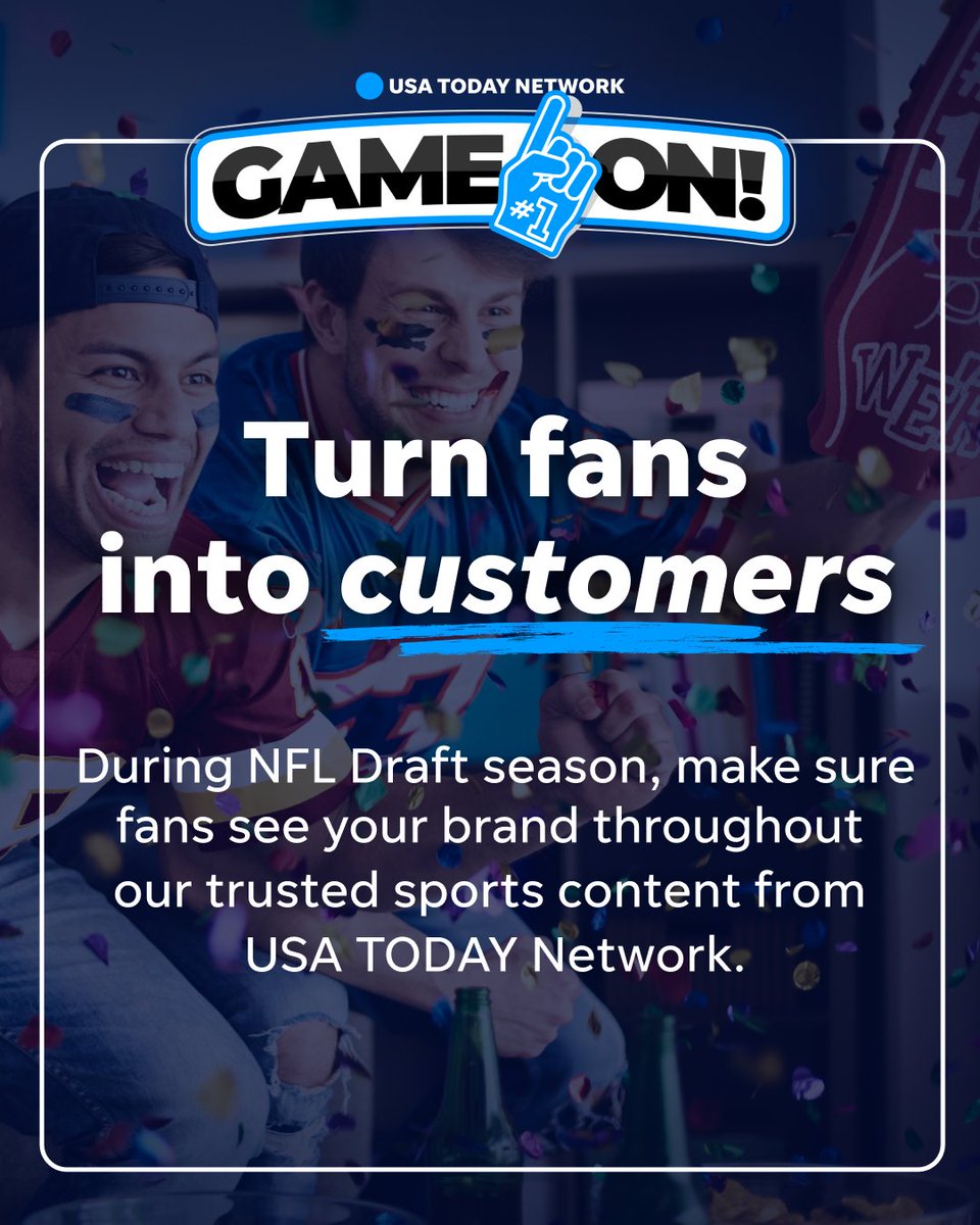 USAT_Network's tweet image. Draft season = peak attention 🏈📣

Game On! helps brands show up alongside the excitement, connecting with engaged fans and turning those moments into measurable impact.

Get in the game 👉 bit.ly/4u4H1qc

#GameOn #SportsMarketing #BrandVisibility #NFLDraft