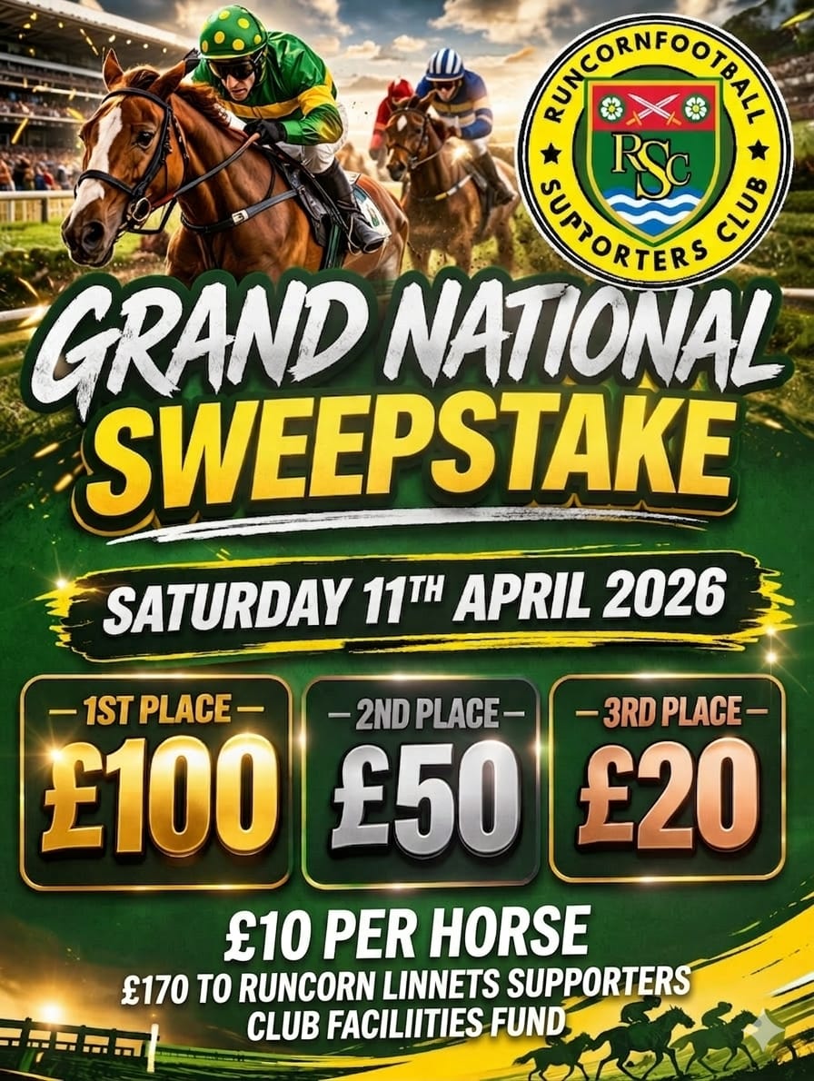 RuncornSuppClub's tweet photo. 🏇🎫 | As the Grand National is just around the corner, we're running a sweepstake. 

34 horses, £10 per horse with the money split between the Supporters Club and the top 3 horses. 

Horses will be assigned at the next Supporters club meeting on Wednesday 8th April.

Details ⬇️ https://t.co/4HsyPQ6WtJ