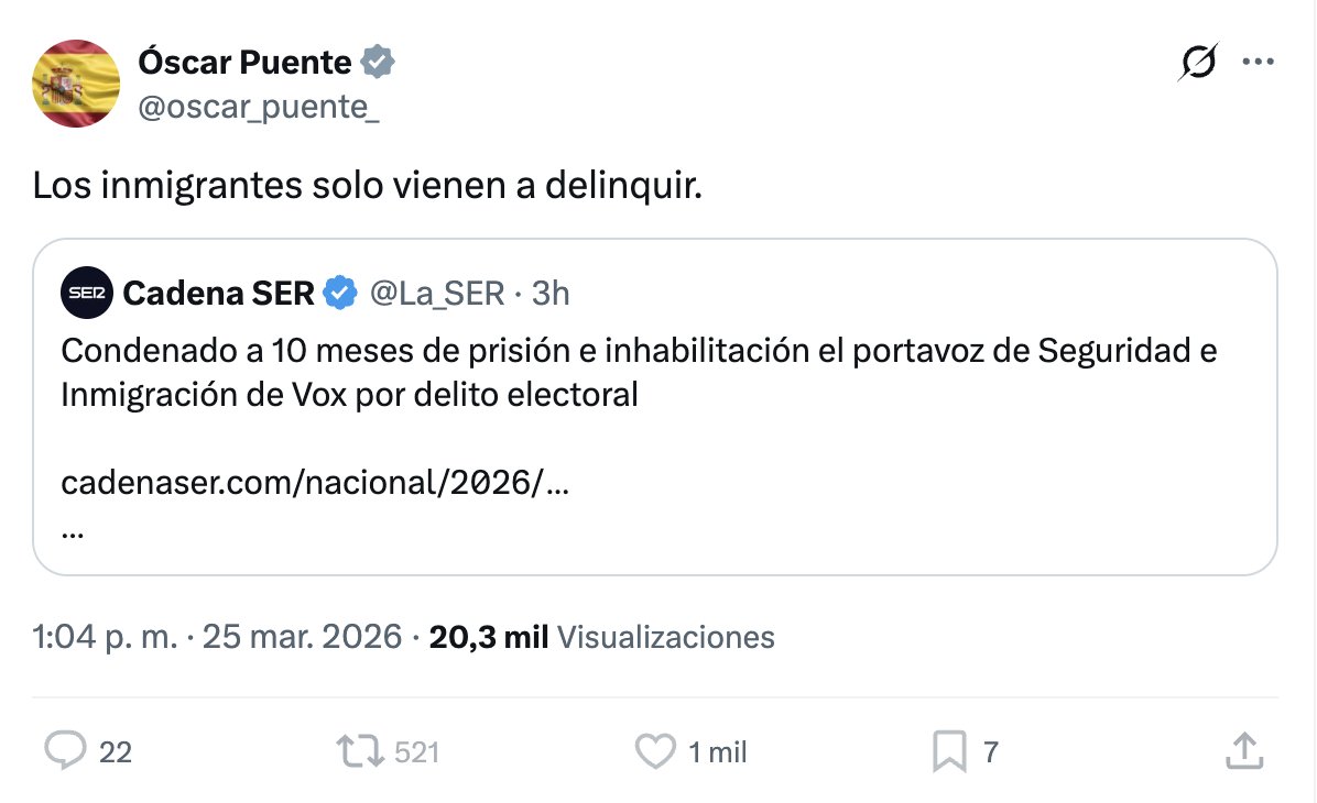 Condenan a un buen hombre, un policía, por alertar de la criminalidad y la delincuencia real, y además te mandan a insultarte al Carnicero de Adamuz, al sanguinario asesino de ADIF, Óscar Puente.

En este país hace falta ilegalizar el PSOE… y ejecuciones (de sentencia judicial).