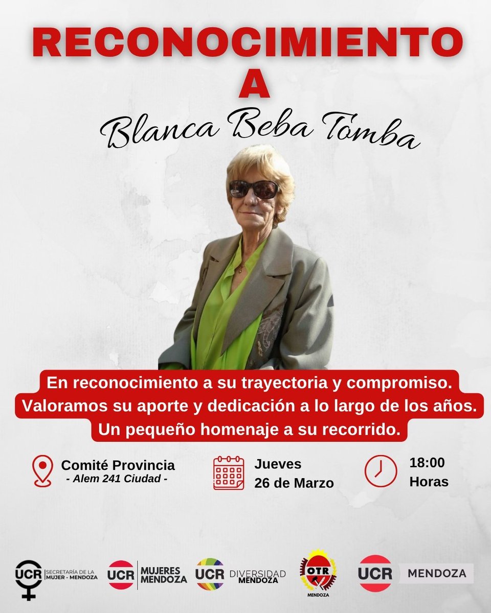 Mañana rendimos homenaje a Blanca “Beba” Tomba, en reconocimiento a su trayectoria, compromiso y valioso aporte a lo largo de los años.

Su dedicación es ejemplo e inspiración para seguir construyendo con convicción, memoria y participación.