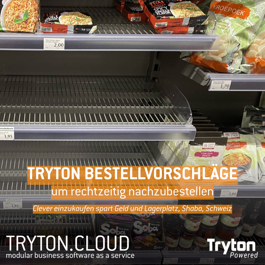 VERKAUFSREGALE LEER? Üble Sache! Ihre tryton.cloud Business Software verfolgt die Verkäufe und schlägt Ihnen rechtzeitige Nachbestellungen vor.

tryton.cloud #trytoncloud #businesssoftware #tryton #opensource