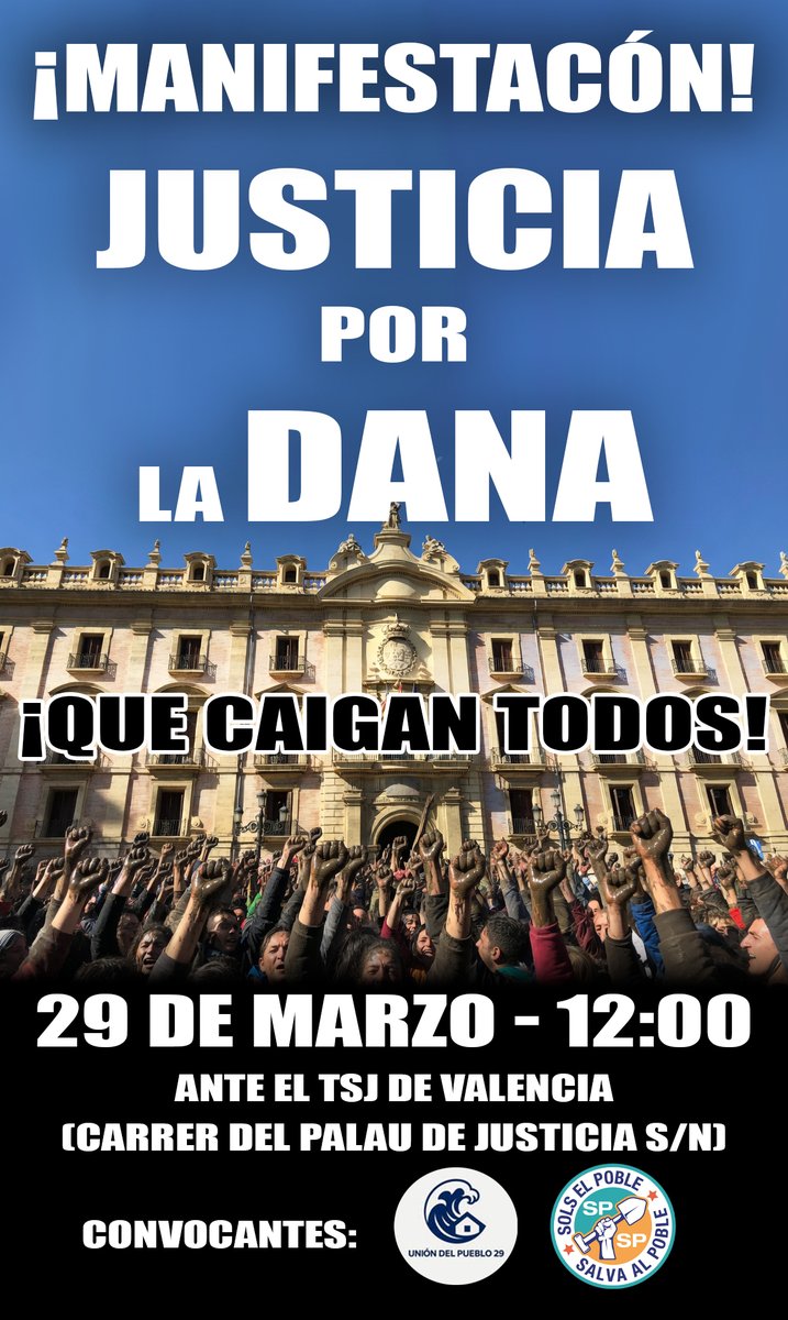 Cuando el poder no tiene límites, el pueblo paga.
ESTE DOMINGO 29 DE MARZO A LAS 12.00 TODOS EN EL TSJ DE VALENCIA. ¡Lucharemos hasta el último aliento para que se haga justicia por la DANA!