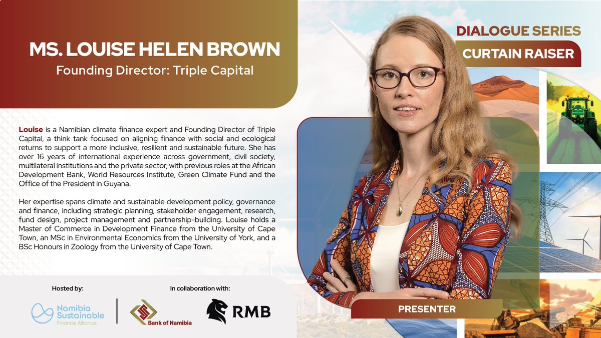 💡 What will it take to strengthen adaptation finance in emerging markets and developing economies?

This Friday, the Namibia Sustainable Finance Alliance, in collaboration with the Bank of Namibia and RMB Namibia, will hear from Ms Louise Helen Brown, Founding Director of Triple