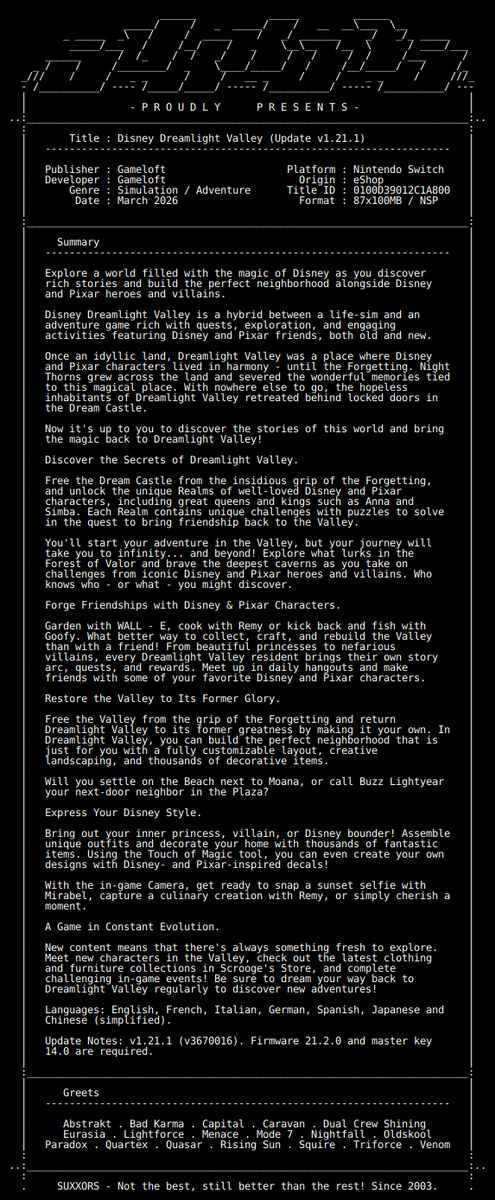 switch_predb's tweet photo. New Release by SUXXORS!

Disney_Dreamlight_Valley_Update_v1.21.1_NSW-SUXXORS [0100D39012C1A800][BBFF7F04]
Size: 8.01 GiB

View on Tinfoil: https://t.co/aIpHhwm3Wr
View on eShop: https://t.co/iZYsPfXNTy https://t.co/XlEwSWPazd