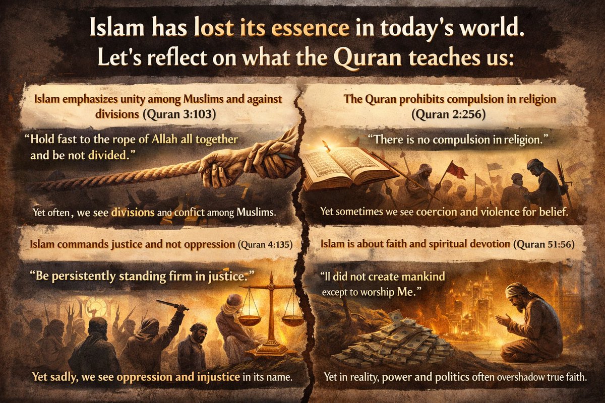 LloydSmithBwp's tweet photo. The Qur’an calls for:
Unity, not division (3:103)
Freedom of belief, not compulsion (2:256)
Justice, not oppression (4:135)
Yet across the world, practice doesn’t always reflect these principles.
This isn’t about blame—it’s about reflection.
Understanding the source matters. https://t.co/xXrJPVJ4q7