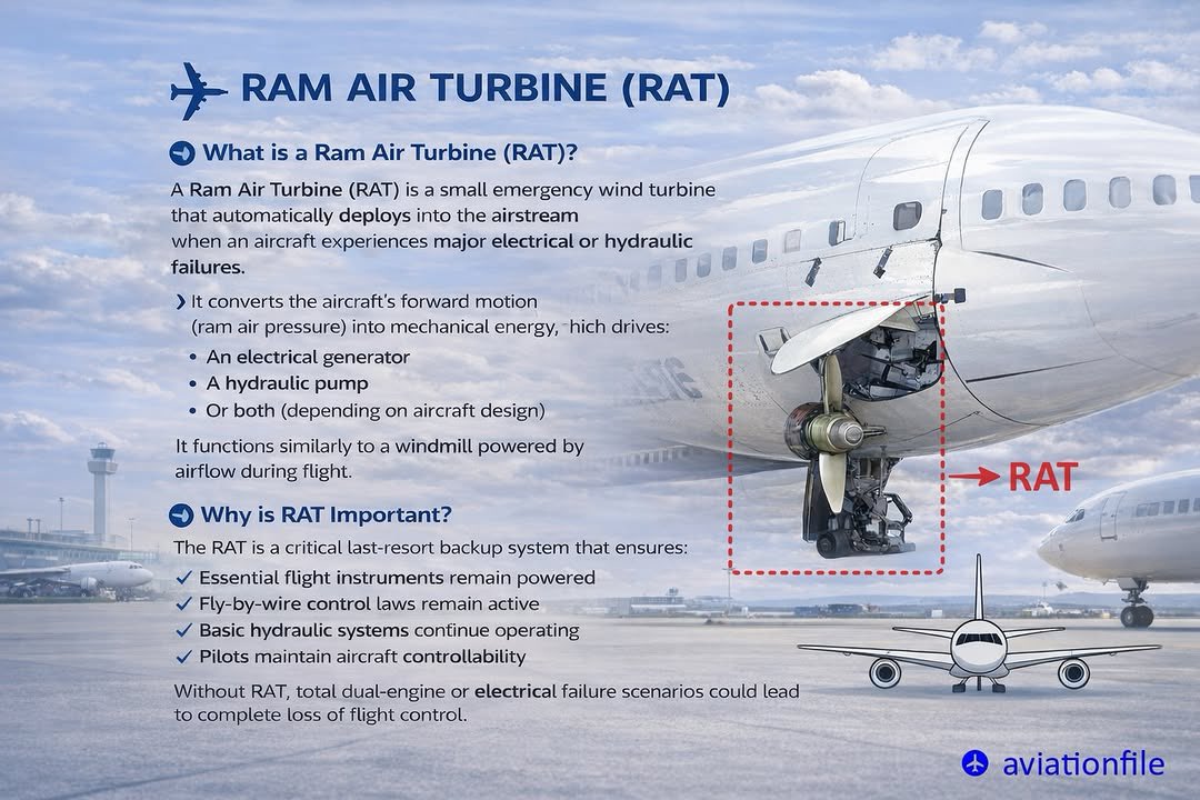 When everything else goes silent, the Ram Air Turbine (RAT) comes alive.

A small turbine, deploying into the airstream during major electrical or hydraulic failures, the RAT converts airflow into mechanical energy to power essential systems. It can drive an electrical generator,