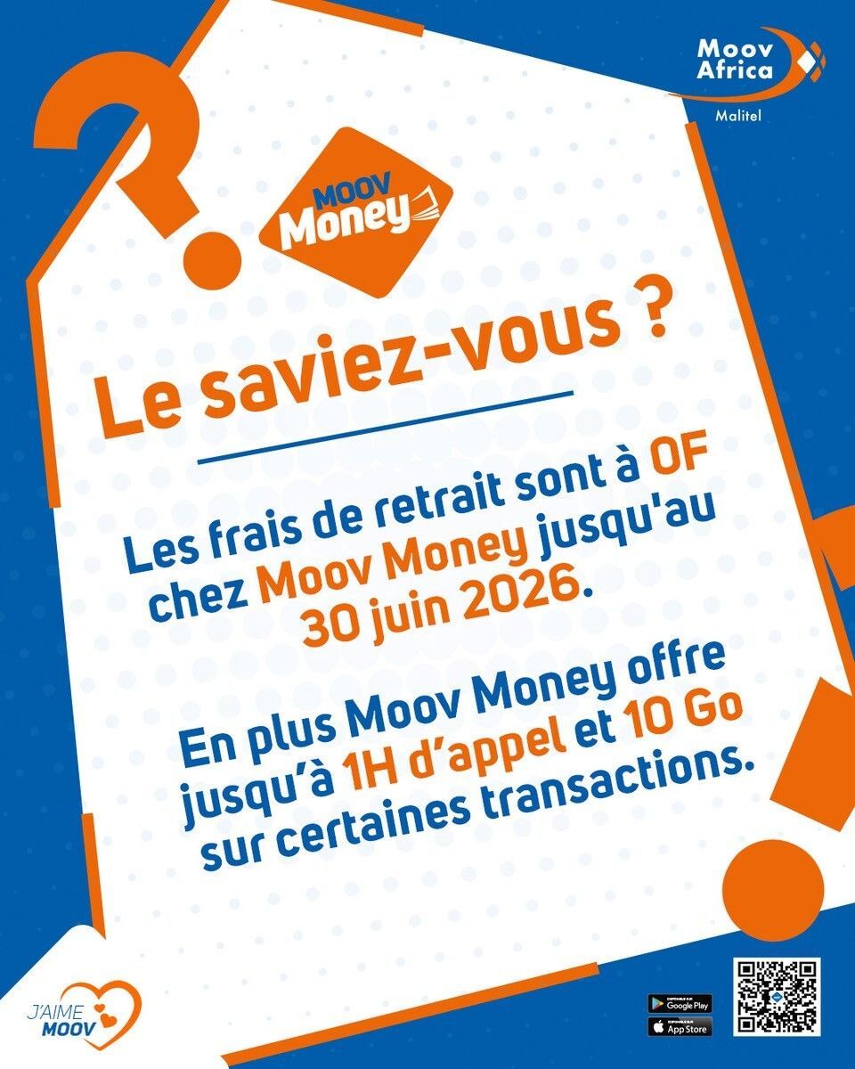 MoovAfrica_ml's tweet image. Le saviez-vous ? 👀
Avec Moov Money, vos retraits sont à 0F jusqu’au 30 juin 2026 🔥
Et en bonus 

👉 jusqu’à 1h d’appel + 10Go 🎁

#MoovMoney #MoovAfricaMalitel #ZeroFrais
