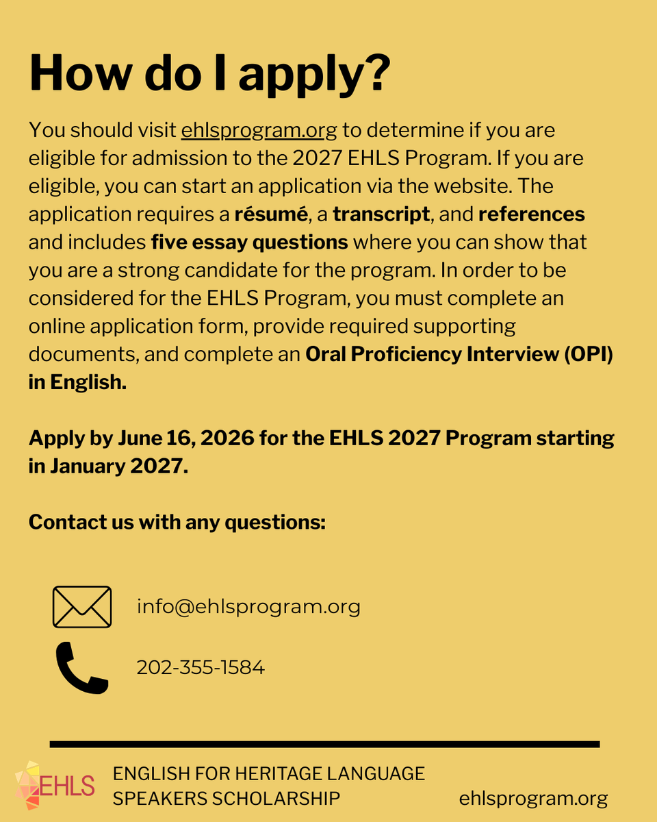 EHLSProgram's tweet photo. Full scholarships are available for U.S. citizens who have a college degree and are native speakers of Chinese Mandarin, Arabic, Russian, Persian Farsi, Korean, Ukrainian, Kazakh, Turkish and Hausa. Apply to the English for Heritage Language Speakers Program by June 16th, 2026. https://t.co/w6CaFvmvnr