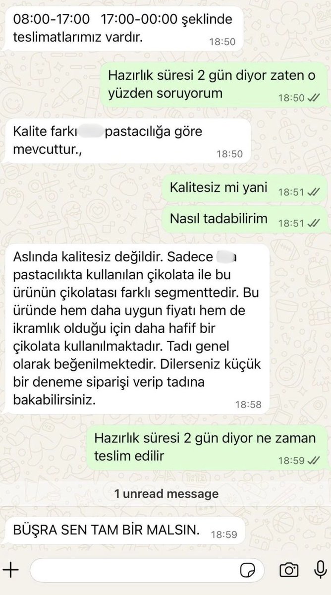 bosunatiklama's tweet photo. Ankara'da bir pastanenin sipariş vermek isteyen hamile müşterisine verdiği cevap:

"Büşra sen tam bir malsın." https://t.co/CknYnnMQSV