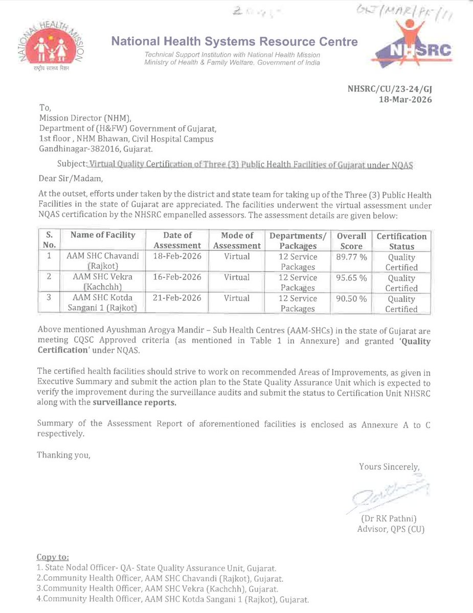 કચ્છના સરહદી જિલ્લામાં માંડવી તાલુકાના AAM વેકરાએ NQAS અંતર્ગત 12 સેવા પેકેજ સાથે 95.65% સ્કોર મેળવી રાષ્ટ્રીય ગુણવત્તા પ્રમાણપત્ર મેળવ્યું 🎉
આ સિદ્ધિ ગુણવત્તાયુક્ત આરોગ્ય સેવાઓ પ્રત્યેની ટીમની પ્રતિબદ્ધતા દર્શાવે છે 👏
સમગ્ર ટીમને હાર્દિક અભિનંદન 
#NQAS #quality #Kutch #Mandvi