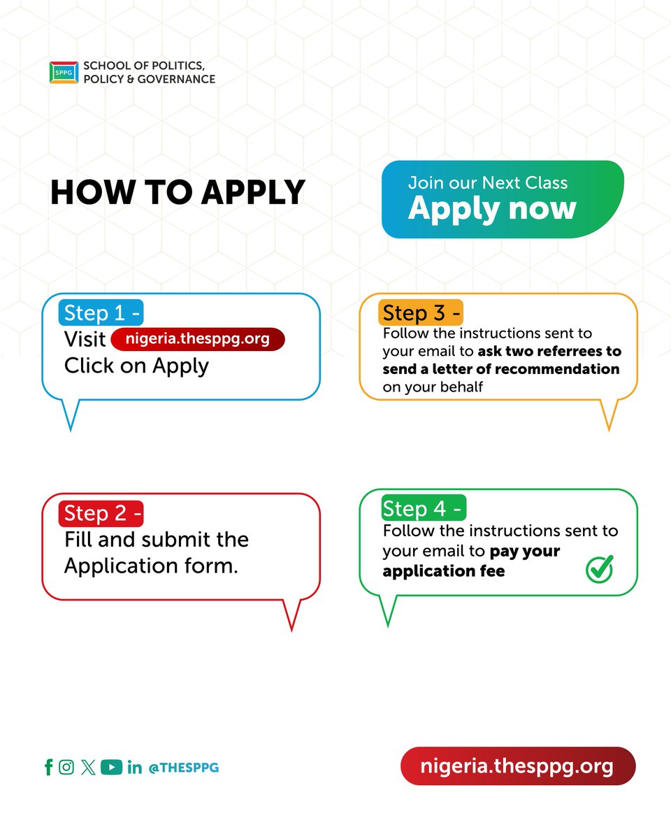 TheSPPG's tweet photo. The people who will shape Nigeria's next decade are applying right now. 
Are you one of them? 
Class of 2027 admissions are open. 
Don't watch from the sidelines. 

Apply now for the SPPG Class of 2027: https://t.co/fy524z9z7a
Nominate someone: https://t.co/pJKiJCPLa7

#SPPG #Nigeria #Leadership #Policy #Governance #LeadershipDevelopment