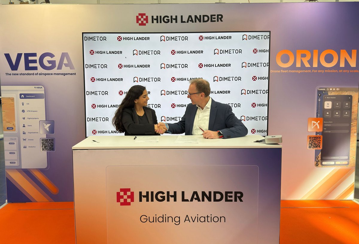 Dimetor_Connect's tweet photo. At XPONENTIAL Europe, Dimetor and High Lander signed a Strategic Cooperation Agreement, expanding our collaboration to integrate #telecom intelligence as a core component of #UTM and #airspace management.

This partnership moves beyond #connectivity as a supporting layer, positioning it as a critical operational input for safe, data-driven #BVLOS #drone operations.

By combining High Lander’s Vega UTM platform with Dimetor’s intelligence layers, the collaboration delivers:

• #AirborneRF: real-time connectivity intelligence, 3D coverage awareness, and ground-risk data
• #NAVSentry: detection of GNSS jamming and spoofing to ensure PNT integrity
• #AirborneAI: identification and tracking of non-cooperative drones via cellular networks

Together, these capabilities enable enhanced situational awareness, resilient operations, and safer airspace coordination, addressing both operational complexity and emerging risks in increasingly dense environments.

As drone operations scale globally, reliable connectivity, positioning integrity, and real-time intelligence are becoming prerequisites for deployment, not optional features.

Learn more about the partnership and what it enables in our blog: https://t.co/92DtIwhktG