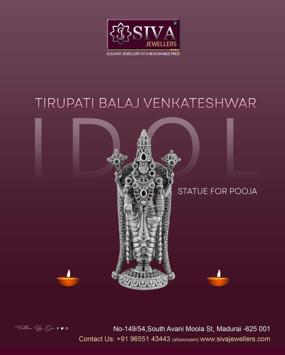 SivaJewellers's tweet image. TIRUPATI BALAJI
VENKATESHWAR IDOL
𝐒𝐈𝐕𝐀 𝐉𝐄𝐖𝐄𝐋𝐋𝐄𝐑𝐒 𝐌𝐀𝐃𝐔𝐑𝐀𝐈
📞9655143443
bit.ly/SivaJewel
#todaygoldrate #uniquegifts #silverarticles #silverlamp
#silvervilakku #villaku #poojaitems #giftideas #religious
#devotional #instagram #tirupathivenkateshwaraidol