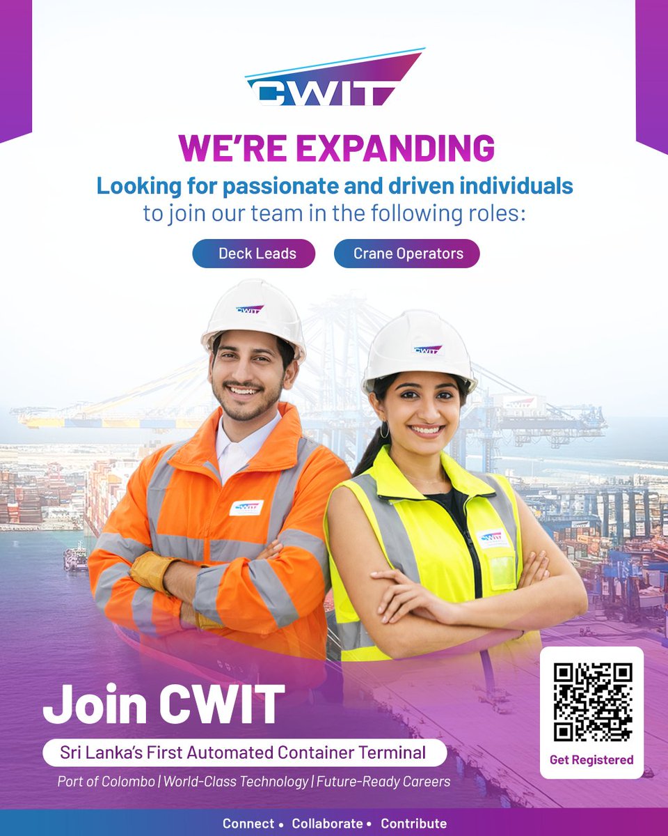 We’re hiring! 

Join CWIT, Sri Lanka’s first automated container terminal.

🔹 Deck Leads
🔹 Crane Operators

Colombo West International Terminal

Apply now: forms.office.com/r/2db47gyYs4

#CWITCareers #NowHiring