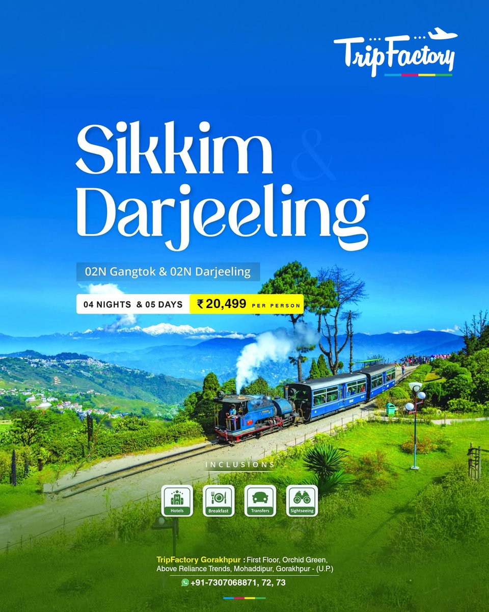 TripFactoryGkp's tweet photo. Discover the charm of Sikkim &amp; Darjeeling with a perfect blend of nature, culture, and breathtaking views 🌄
Plan your peaceful Himalayan escape and create memories that last forever ✨

📍 TripFactory, Gorakhpur
📞 Call Now : +91-7307068871, 72, 73

#Sikkim #Darjeeling #Tourism https://t.co/j8J3JVqgQr