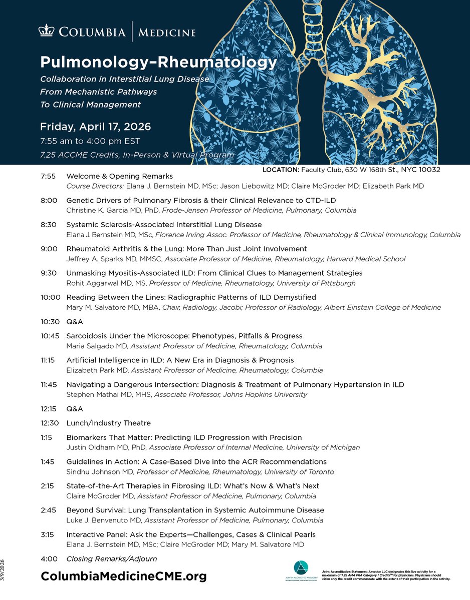 CUIMCMedCME's tweet image. REGISTRATION OPEN: Pulmonology–Rheumatology 2026: Collaboration in Interstitial Lung Disease - Friday, April 17, 2026 - An In-Person &amp;amp; Virtual Program with 7.25 ACCME Credits.
eventleaf.com/e/PulmoRheum20…

#Pulmonary #Rheumatology #LungDisease
