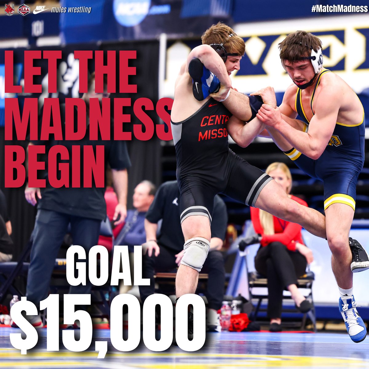 UCMwrestling's tweet photo. 🚨LET THE MADNESS BEGIN🚨
It's officially Match Madness Day!
Help us reach our goal of $15,000!
Click the link below to donate!
https://t.co/mxit6sjy55
#SaddleUp #MatchMadness #TeamUCM https://t.co/8RfJv6sHlF