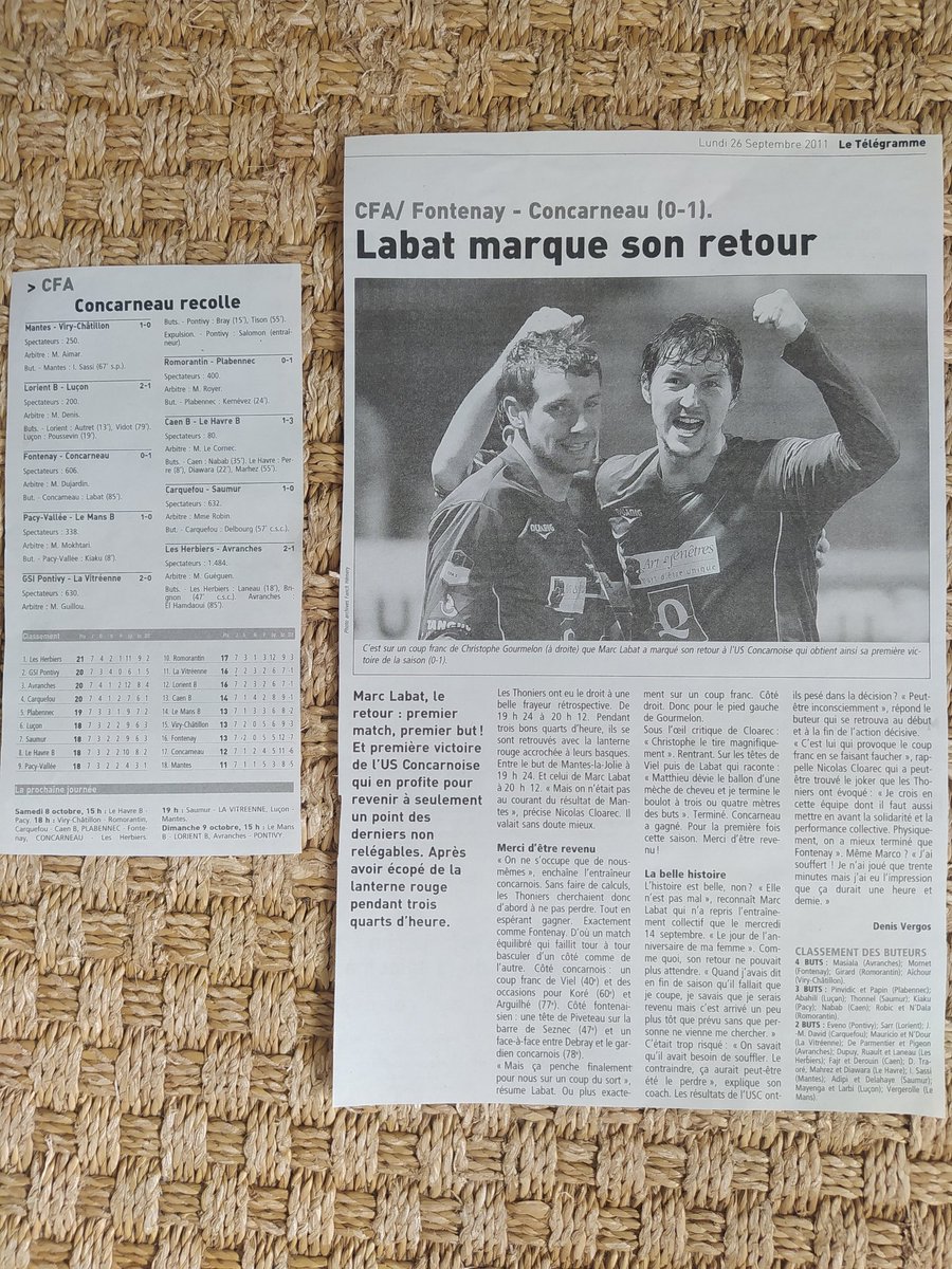 2nivergos's tweet photo. En cette fin septembre 2011, Marc Labat marque son retour à bord des #Thoniers de #Concarneau en #CFA (#N2).
Du début des années 2000 à la montée en #Ligue2 en 2023 retrouvez ici chaque jour une archive @TelegrammeSport sur @USConcarneau.
#Football #NationalFFF #Labat #Gourmelon https://t.co/r97y9Jjg0R
