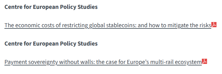 ECRI_CEPS's tweet photo. 🙌 Two of our publications have been included in this month's @EUCouncil Think Tank Review! 

🗞️ The economic costs of restricting global stablecoins: and how to mitigate the risks

🗞️ Payment sovereignty without walls: the case for Europe’s multi-rail ecosystem

@judith_arnal 👏 https://t.co/fKDNrggULl