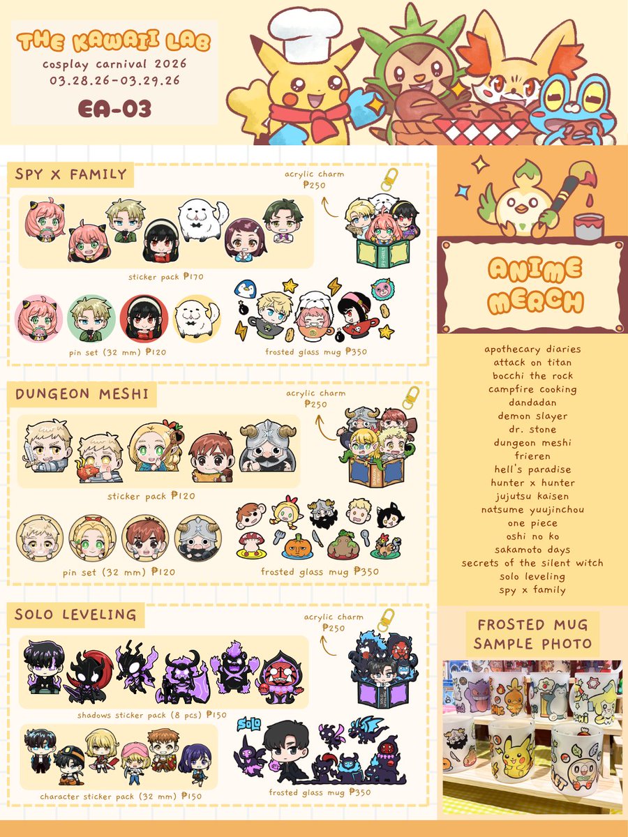 [RTs 🫶🏻]

Hello! Here's our catalogue for #cosplaycarnival2026!

📍EA-03 (⚠️exhibitor area⚠️)

🆕:Sinnoh travel kit, pokopia, sos grand bazaar, jjk, and more
⭐️Stamp rallies: Legends ZA, Frieren

P1-2: anime merch
P2-4: pokemon merch

See you!

#FanFairatCosplayCarnival2026
[1/4]