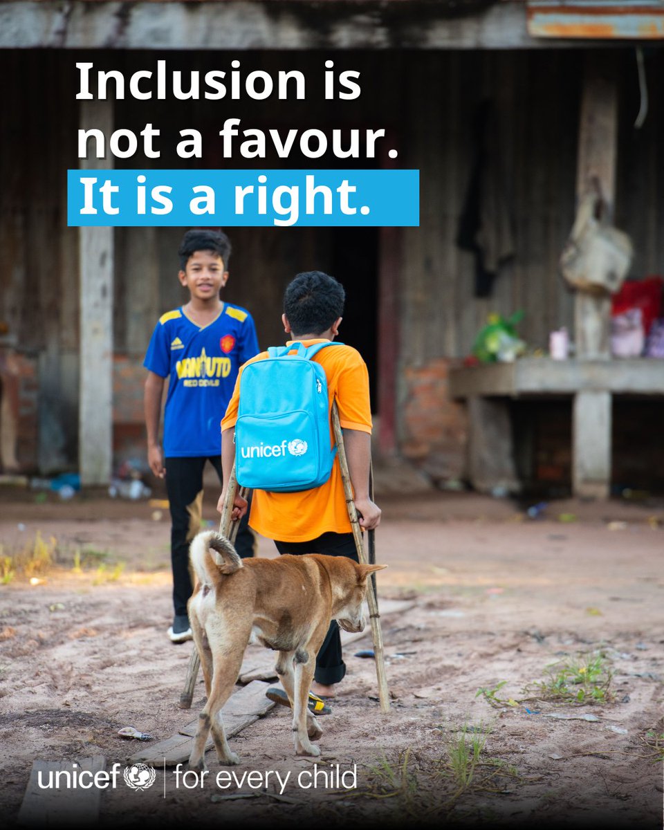 UNICEFCambodia's tweet photo. Children with disabilities are excluded not because of their impairments, but because of the barriers around them, in schools, systems, laws, and attitudes.

Inclusion is not a favour. It is a right. And it is achievable. #EndDiscrimination #InclusionForAll https://t.co/HdPPC3KJDu