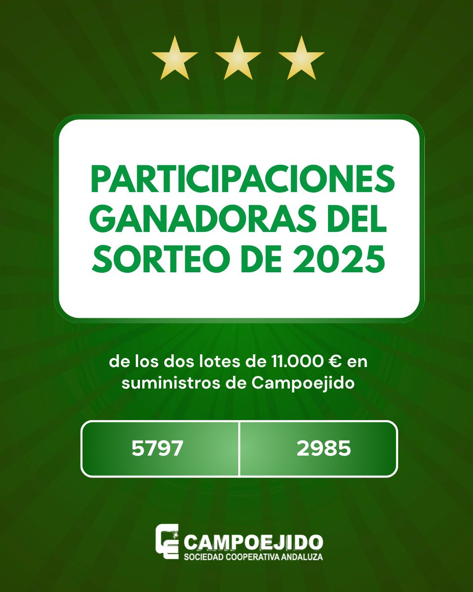 Compartimos las participaciones ganadoras del sorteo 2025 de dos lotes de 11.000 € en productos de suministros Campoejido:

✔️ 5797 
✔️ 2985

✨ ¡Enhorabuena a los afortunados!

#suministrosagrícolas #agriculturadealmería