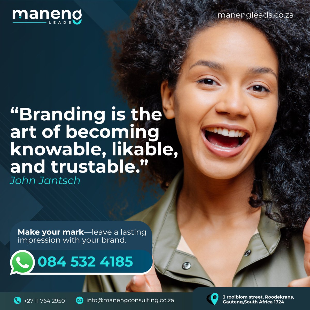 ManengLeads's tweet photo. Call: +27 11 764 2950
WhatsApp: +27 84 532 4185
Email: info@manengleads.co.za
Visit our website: https://t.co/Y5fyrJ3OkL
#maneng #startup #business #upgrade #graphic #ManengLeads #BrandGrowth #ProfessionalExcellence #SMMA #BusinessMarketing #LeadGeneration #MarketingServices https://t.co/UEmBnP8vbE