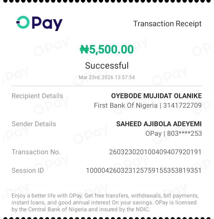 Dear <a href="/FirstBankngr/">FirstBank Nigeria</a> 

I made  a transaction of #5,500 since Monday (23/03/2026) from Opay account to a firstbank account.  The money was deducted from my account but the account I made the transfer to has not been credited till today. 

Kindly react now by  reversing my money.