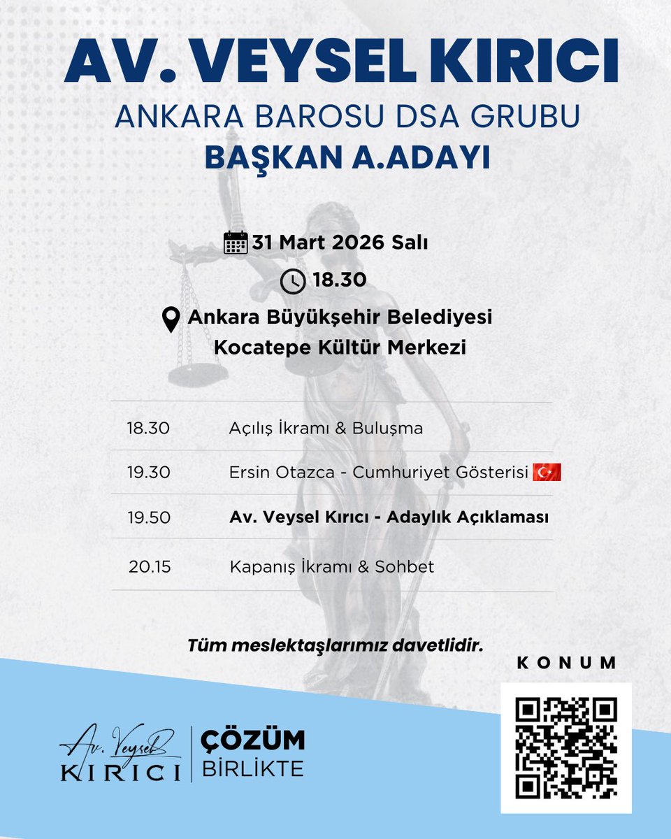 Değerli meslektaşlarım,

Mesleğimiz adına yeni bir sayfa açmak için,

Hep birlikte yazacağımız başarı öyküsünün ilk günü için,

Şölen günümüz için,

Sevgi, saygı, dayanışma ve ortak aklın egemen olduğu bir anlayışı Başkent Barosu’nda yaşatmak için,

🗓️ 31 Mart 2026 - Salı
⏰ Saat