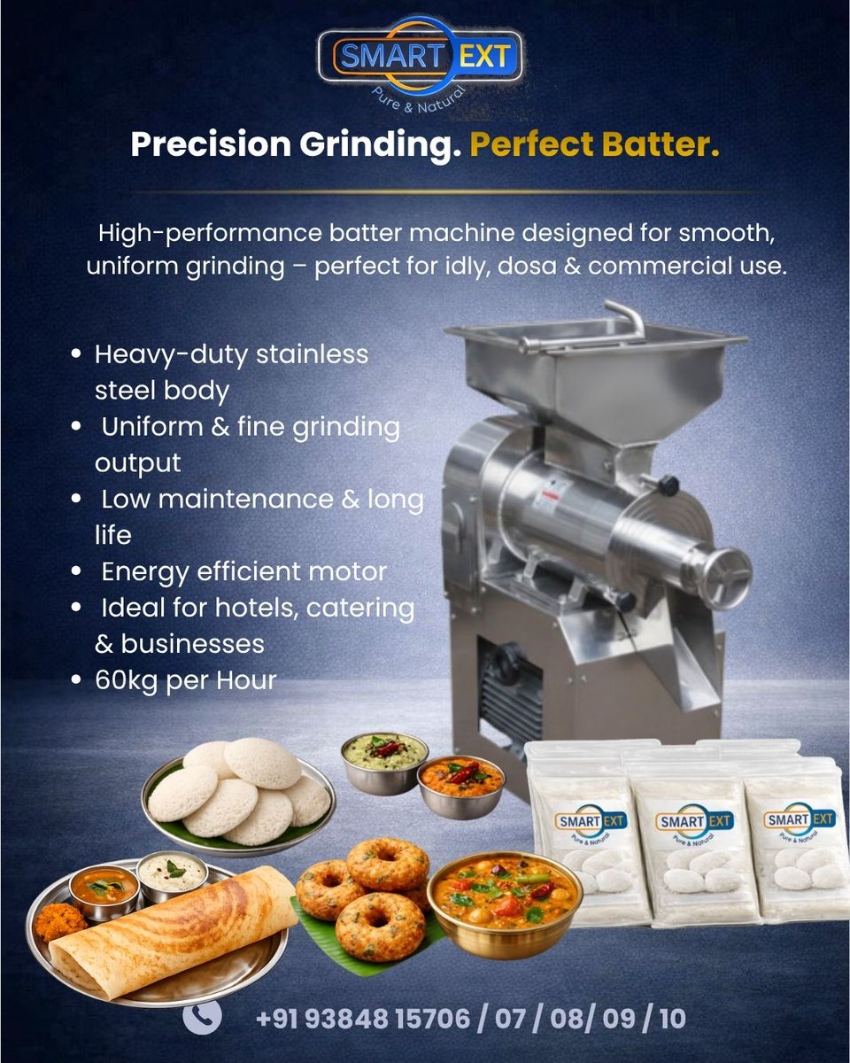 SmartextSmart's tweet image. Precision Grinding. Perfect Batter. SMART EXT – The power behind every successful kitchen and business.
#SMARTEXT #PerfectBatter #FoodBusiness #HotelCatering #CommercialKitchen #IdliDosaVada #TamilBusiness #DailyIncome #FoodMachinery #BusinessGrowth #EnergyEfficient
