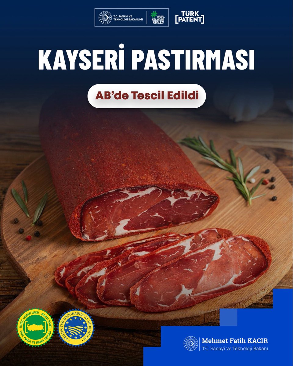 mfatihkacir's tweet photo. Ülkemizin yerel değerleri uluslararası arenada yerini almaya devam ediyor. 🌍

🇹🇷🇪🇺 Asırlardır ustalıkla hazırlanan, kendine özgü baharatı ve üretim tekniğiyle Kayseri Pastırması, Avrupa Birliği’nde tescillenen 46. coğrafi işaretli ürünümüz oldu.

#YerelKalkınmaHamlesi vizyonuyla coğrafi işaretlerimizin markalaşmasını hızlandırıyor, uluslararası pazarlarda hak ettiği değeri bulmasını sağlıyoruz.

👏 Emeği geçen tüm paydaşları ve üreticilerimizi gönülden tebrik ediyorum.

@TURKPATENT 

📌 Avrupa Birliği’nde tescilli coğrafi işaretlerimiz:

1. Gaziantep Baklavası
2. Aydın İnciri
3. Malatya Kayısısı
4. Aydın Kestanesi
5. Milas Zeytinyağı
6. Bayramiç Beyazı
7. Taşköprü Sarımsağı
8. Giresun Tombul Fındığı
9. Antakya Künefesi
10. Suruç Narı 
11. Çağlayancerit Cevizi
12. Gemlik Zeytini
13. Edremit Zeytinyağı
14. Milas Yağlı Zeytini
15. Ayaş Domatesi
16. Maraş Tarhanası
17. Edremit Körfezi Yeşil Çizik Zeytini
18. Ezine Peyniri
19. Safranbolu Safranı
20. Aydın Memecik Zeytinyağı
21. Araban Sarımsağı  
22. Osmaniye Yer Fıstığı
23. Bingöl Balı  
24. Bursa Şeftalisi 
25. Hüyük Çileği
26. Bursa Siyah İnciri 
27. Söke Pamuğu
28. Manisa Mesir Macunu
29. Gaziantep Menengiç Kahvesi  
30. Silifke Yoğurdu
31. Aydın Memecik Zeytini  
32. Erzincan Tulum Peyniri 
33. Aydın Çam Fıstığı
34. Afyon Pastırması
35. Afyon Sucuğu
36. Antep Fıstık Ezmesi
37. Mut Zeytinyağı
38. Kırkağaç Kavunu
39. Hatay Kaytaz Böreği
40. Gaziantep Lahmacunu
41. İpsala Pirinci
42. Bursa Kestane Şekeri
43. Yenice Ihlamur Balı
44. Maraş Çöreği
45. Adana Şalgamı
46. Kayseri Pastırması