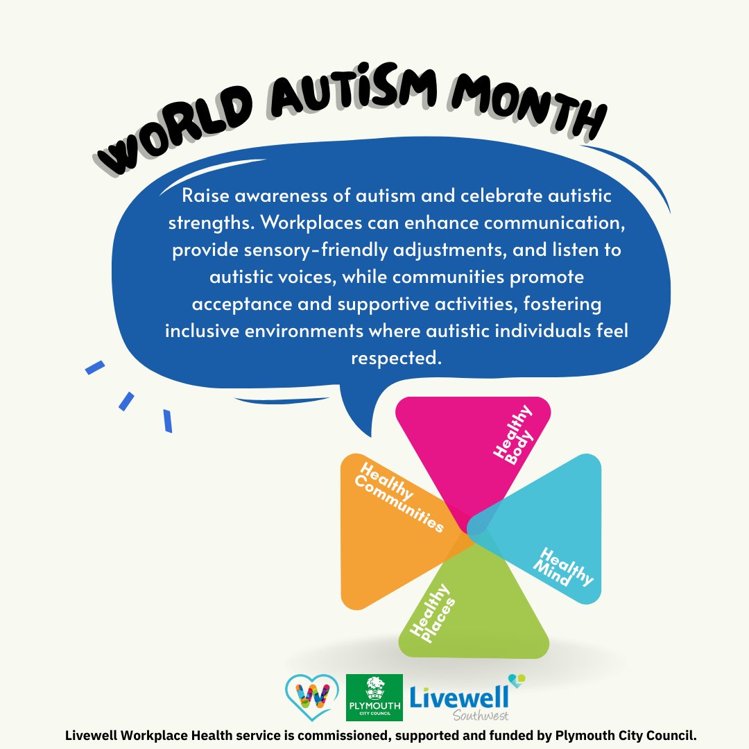 wellbeing_work's tweet photo. April is World Autism Month.
A time to increase understanding, celebrate autistic strengths and promote acceptance. 💙
Together, we can build a world where autistic people feel respected and understood.
#WorldAutismMonth #AutismAcceptance

@livewellsw @PHPlymouth @oneyouplymouth https://t.co/kPMfK3DZkC