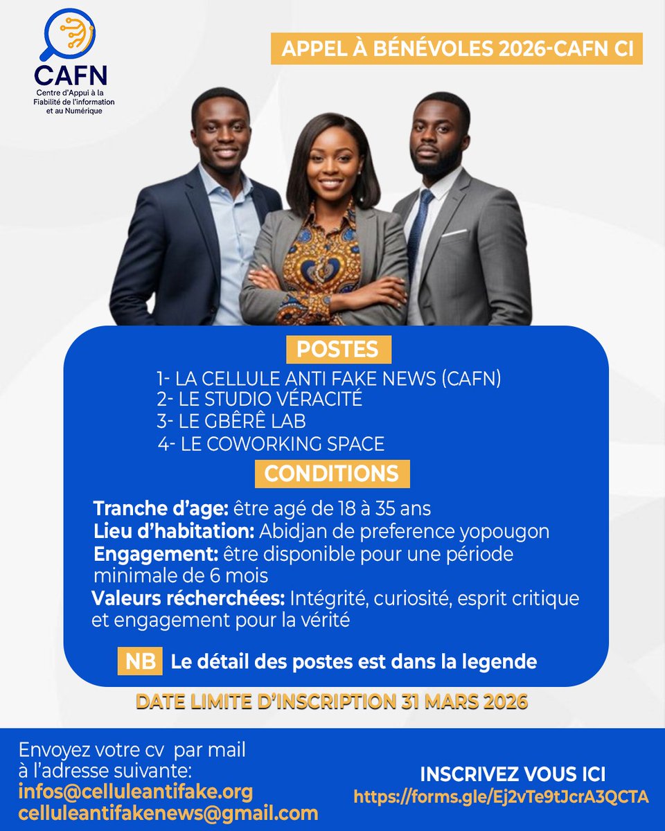 CelluleAntiFake's tweet photo. 📢 APPEL À BÉNÉVOLES 2026 – CAFN CI 🇨🇮
Passionné·e par la tech, la lutte contre les #FakeNews et l'impact social ? Le Centre d'Appui à la Fiabilité de l'Information et au Numérique (CAFN) ouvre ses portes à  Abidjan ! 
Postulez ici : https://t.co/yTtDN82jiG
(1/5)👇 https://t.co/IjussTyJhD