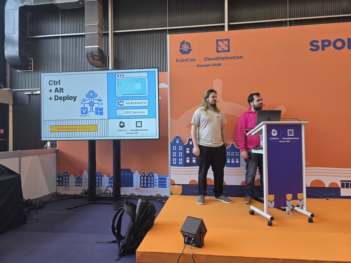 Kubermatic's tweet photo. โก Windows on KubeVirt is happening NOW at the Demo theatre! Big applause for Tobias Schneck & Nicolai Ort. Donโt miss it! ๐
#KubeCon #CloudNativeCon #TeamCloudNative #Kubernetes https://t.co/uDiNgg4REV