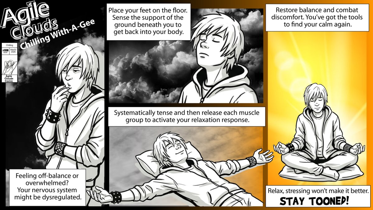 Sharif_Shaalan's tweet photo. Last week Connie said take time for self. This week Gary Withagee shows you how. 🧘

Feet on the floor. Tense and release. Find your calm.

Relax. Stressing won't make it better.

#338 "Chilling"  https://t.co/RpIfzRwPC2

#AgileCloudsComic #Salesforce #WellnessInTech #StayTooned https://t.co/2F0QgvNjpD