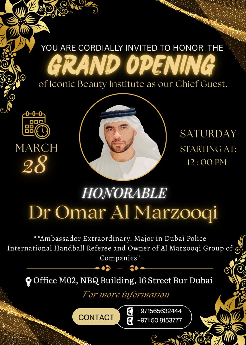 omarzooqi's tweet image. Honored to welcome Dr Omar Al Marzooqi as the Chief Guest at the Grand Opening of Iconic Beauty Institute ✨
A powerful moment where beauty meets leadership, success, and inspiration in the heart of Dubai. 

#DubaiEvents #GrandOpening #OmarAlMarzooqi #BeautyIndustry #UAEEvents