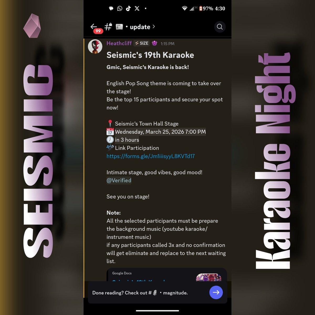Seismic’s 19th Karaoke is live 🎤

English Pop theme
Top 15 performers secure the stage

📍 Town Hall Stage
🗓 March 25
⏰ 2 PM (UTC)

Good vibes. Real talent. Community energy.

See you on stage. GMic! Stay Encrypted!
<a href="/heathcliff_eth/">Heathcliff</a>