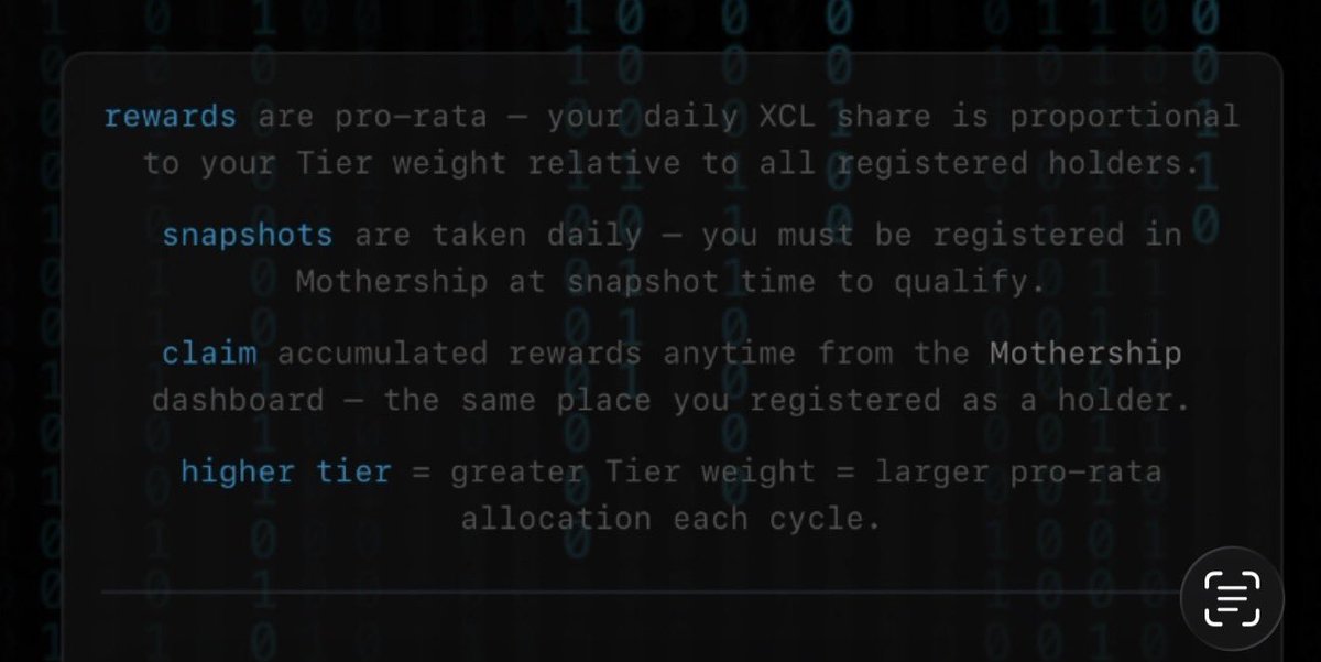 XCL_MAFIA_'s tweet photo. 🧠 $XCL REWARDS SYSTEM

This isn’t fixed rewards…
👉 It’s pro-rata

Meaning:

You get paid based on your weight vs everyone else

📊 Daily rewards pool gets split between holders

👉 Bigger Tier = more weight
👉 More weight = bigger share

⸻

📸 Snapshots are taken DAILY

If you’re not registered at that moment…
👉 You get NOTHING for that day

💰 Rewards stack over time

No need to claim daily — just let it build and claim when you want

⸻

🔥 Simple way to think about it:

It’s one big pie…

👉 Bigger Tier = bigger slice
👉 More people = smaller slices
👉 Miss the snapshot = no slice 😭

⸻
@xCellar_ 
#XCL_MAFIA 👀🔥