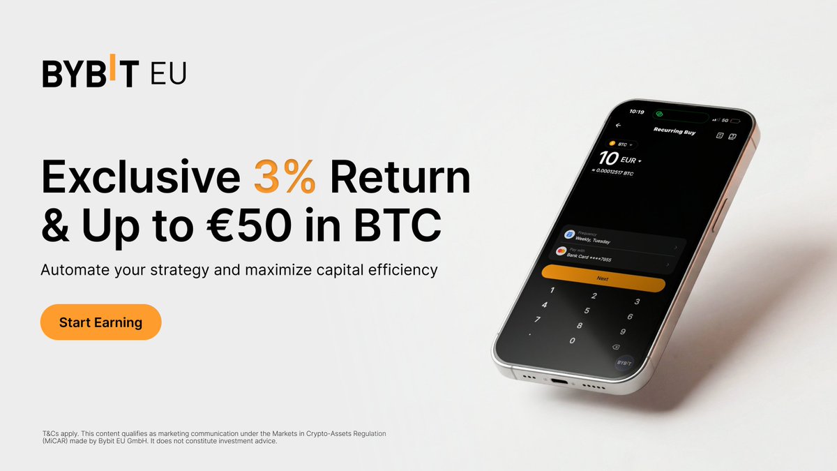 Two sophisticated tools, one unified strategy. ⚙️

Claim up to 50 EUR in BTC rewards via Recurring Buy and let the 3% Return sustain your momentum in the background.

📌 3% Return: i.bybit.eu/1Zab97Lb
🔄 Recurring Buy: i.bybit.eu/1zab2xyb

Marketing content. T&amp;Cs apply.