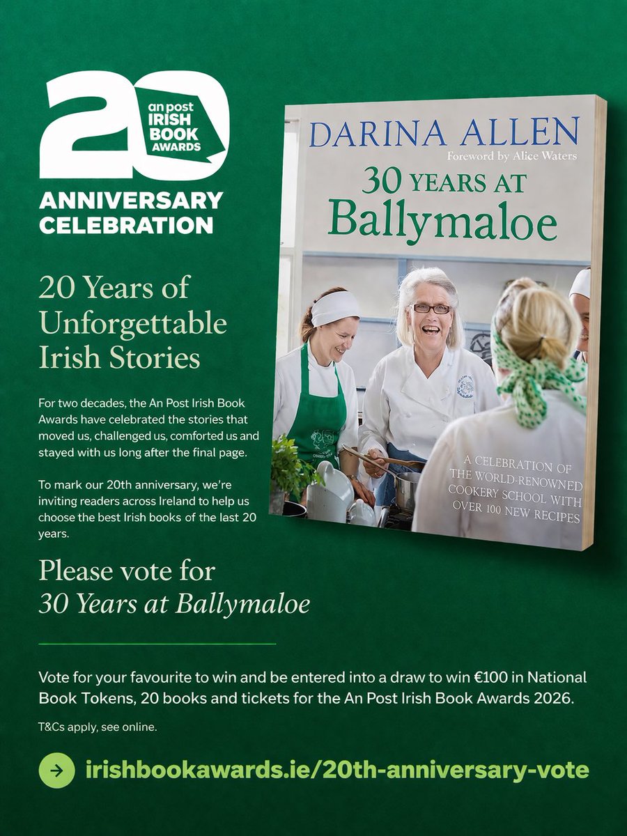 BallymaloeCS's tweet photo. Please take 15 seconds to vote for 30 Years at Ballymaloe in the An Post Irish Book Awards 20th Anniversary vote 📚

Vote here:
https://t.co/zxWzLQjnUA

By voting, you’ll be entered to win €100 in National Book Tokens, 20 books, and tickets to the 2026 awards @IrishBookAward https://t.co/rGLjPpUfre