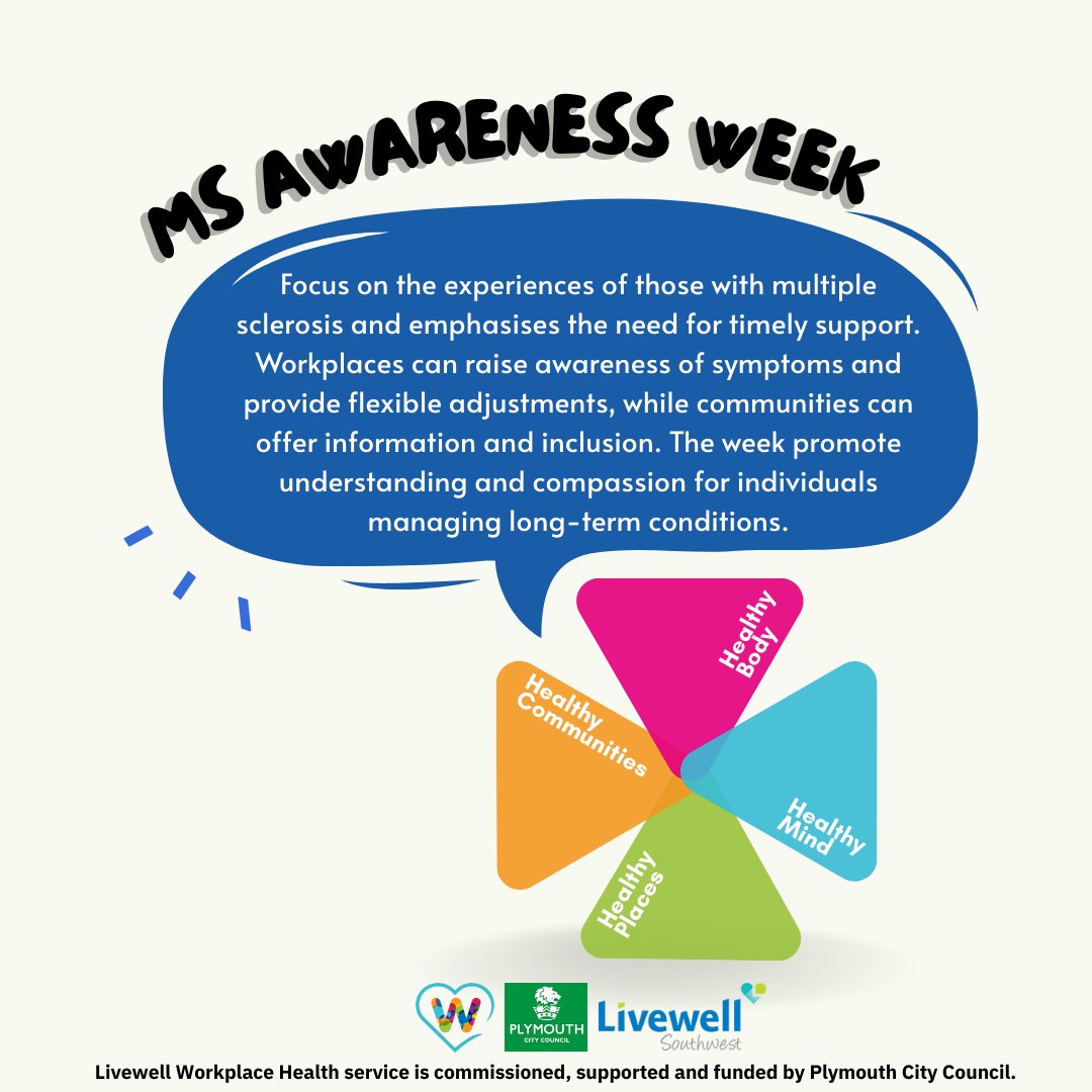 wellbeing_work's tweet photo. It’s MS Awareness Week.
In Plymouth, we’re encouraging flexible adjustments, understanding of symptoms, and sharing local support and fundraising opportunities. 🧡
Let’s stand with those living with MS.
#MSAwarenessWeek
@PHPlymouth @oneyouplymouth @livewellsw https://t.co/OodCF5nDTO