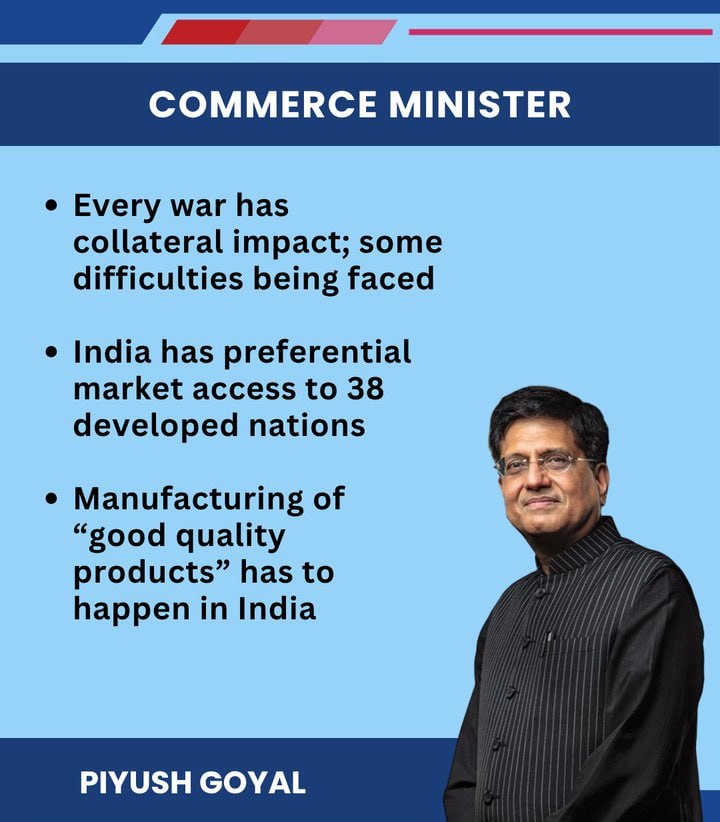 “Every war has collateral impact; some difficulties are being faced,” says Piyush Goyal.

📊 Acknowledges global challenges impacting trade &amp; economy — markets may stay cautious amid ongoing uncertainties.

#PiyushGoyal #Economy #GlobalMarkets #Trade