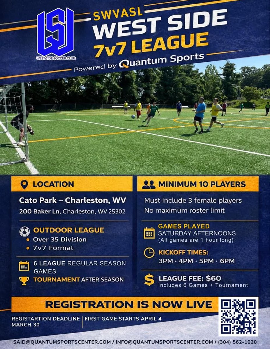 ChemValleyAC's tweet photo. If you live in the Charleston/Huntington area there are now two Adult 7v7 soccer leagues this Spring and they are looking for more players. 

One at Barboursville Park and one at Cato Park in Charleston. They are 35 and over for men, 18 and over for women w/ coed competition. https://t.co/N3g6TJ4Z8S